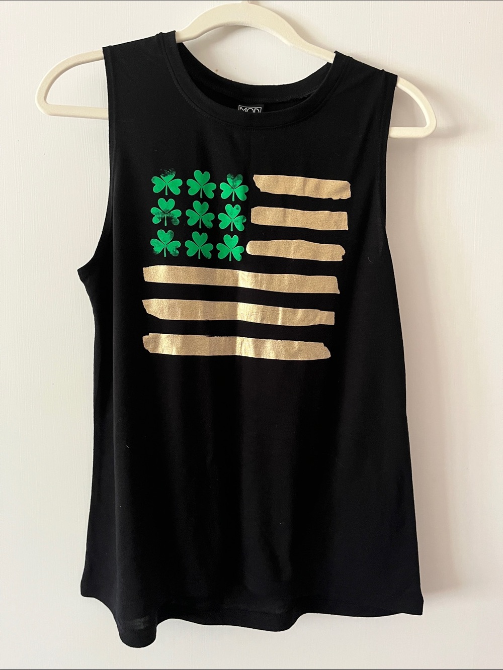 Modern Lux Black Tank with Green Shamrock and Gold Stripe Graphic